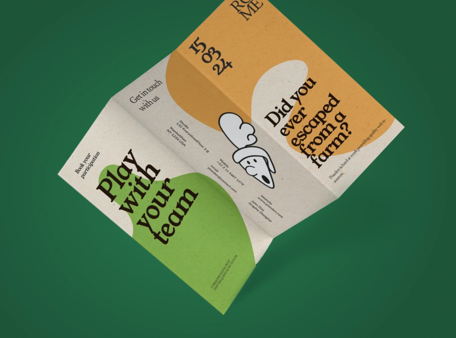 Mockup flyer trittico Closer To Farm con tipografia bold e mascotte Carrot Knight
