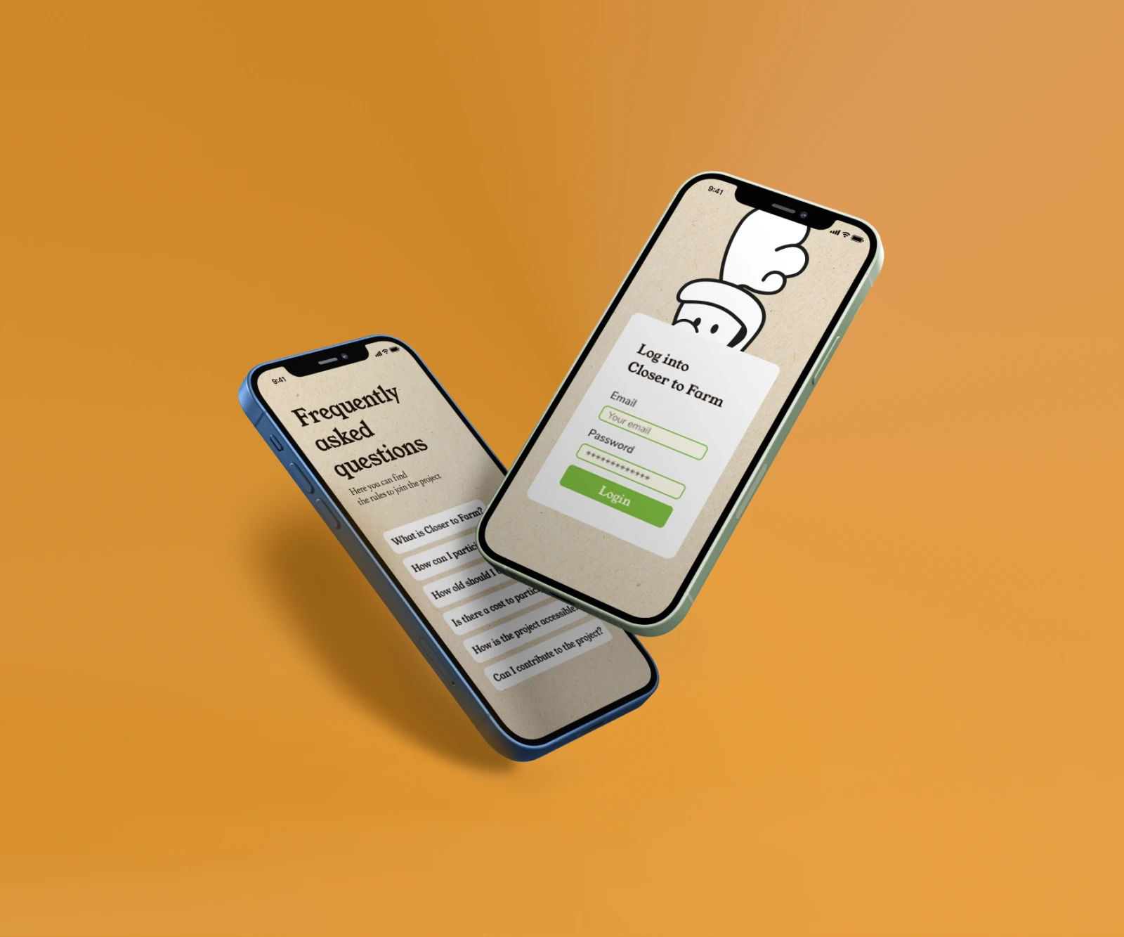 Mockup dell'app Closer To Farm su due smartphone con login e FAQ