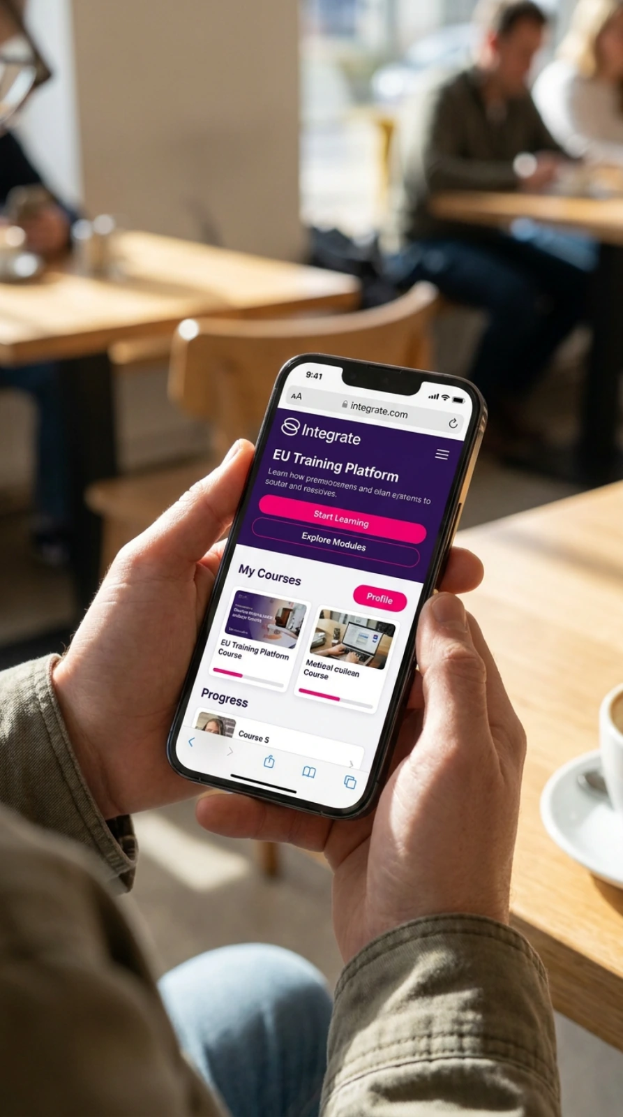 Smartphone in mano con la homepage della webapp Integrate e i corsi disponibili