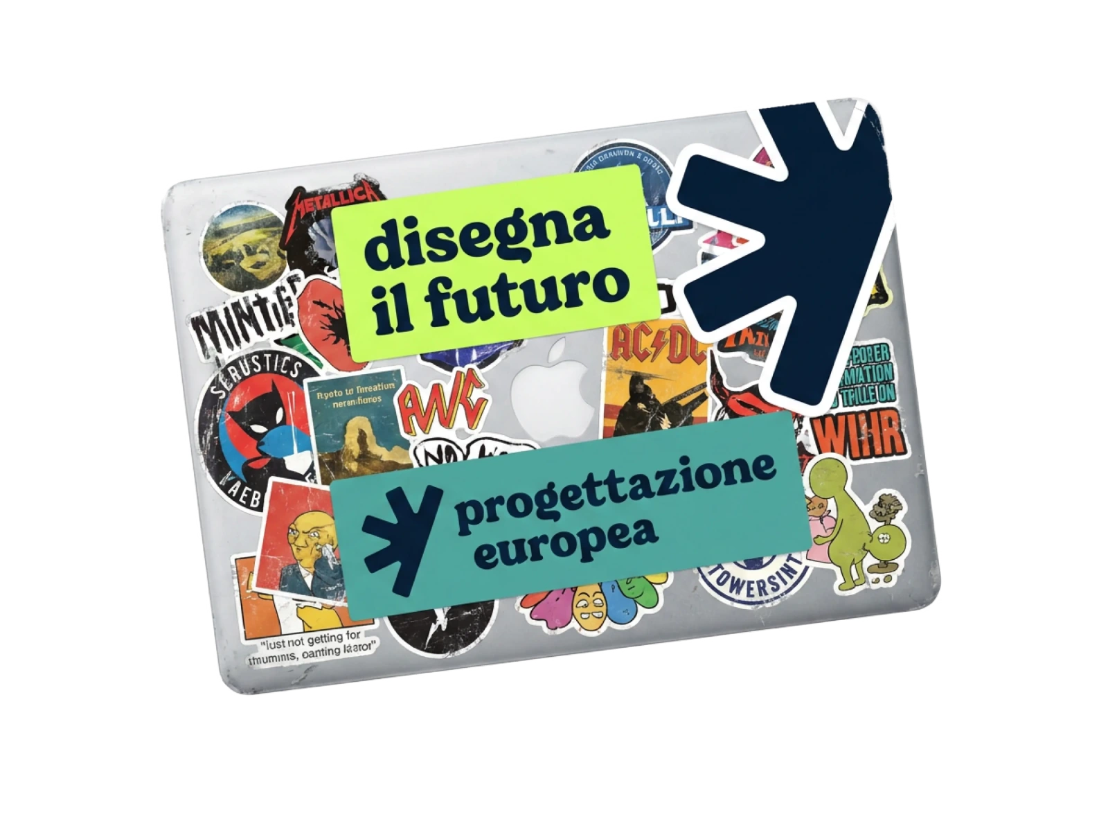 Laptop con scocca coperta di adesivi, tra cui tre adesivi del brand Progettazione Europea