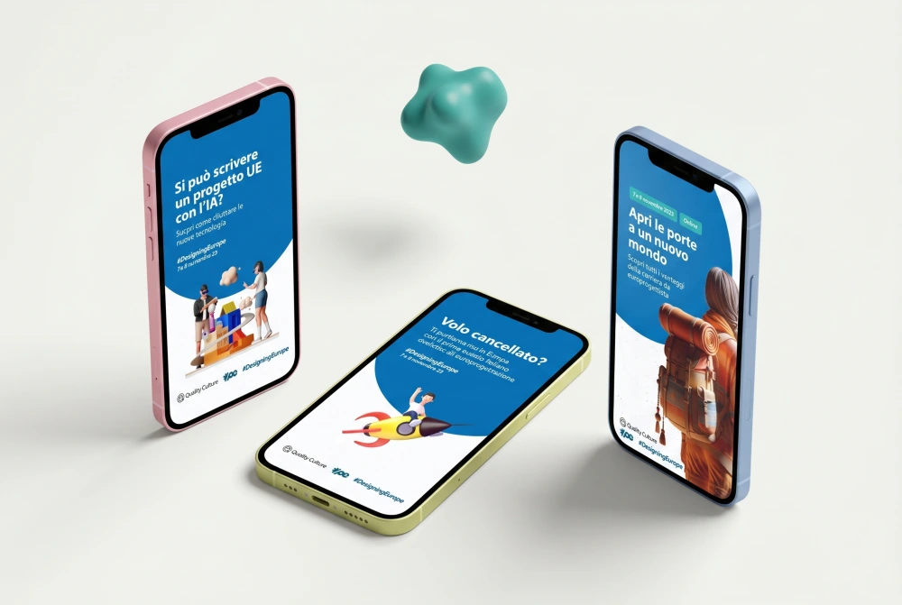 Tre smartphone con i visual di promozione per l'evento di progettazione europea